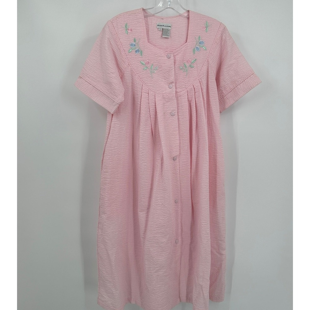Miss Elaine Womens Cottagecore Robe Size Sโ Pink Seersucker Floral Embroidered